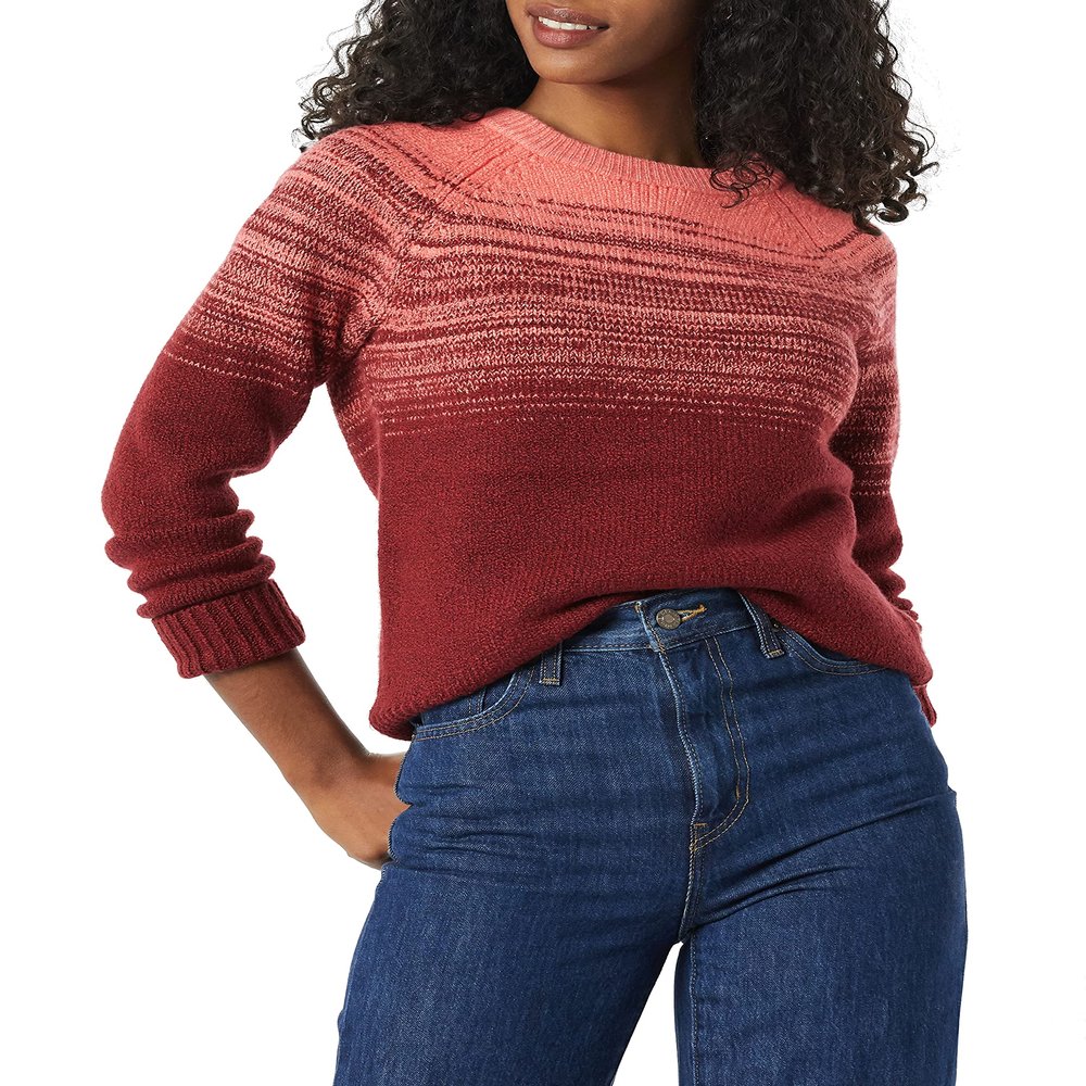 Amazon Essentials Crewneck Sweater for Women, Soft-Touch, Burgundy Coral Pink Ombre Pattern, Medium