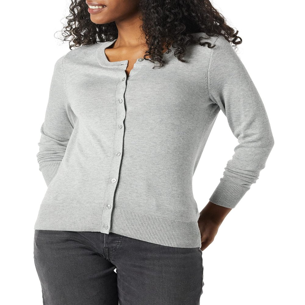 Amazon Essentials Women's Lightweight Crewneck Cardigan Sweater (Available in Plus Size), Grey Heather, XX-Large