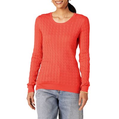 Amazon Essentials Women's Lightweight Long-Sleeve Cable Crewneck Sweater (Available in Plus Size), Coral Pink, Large