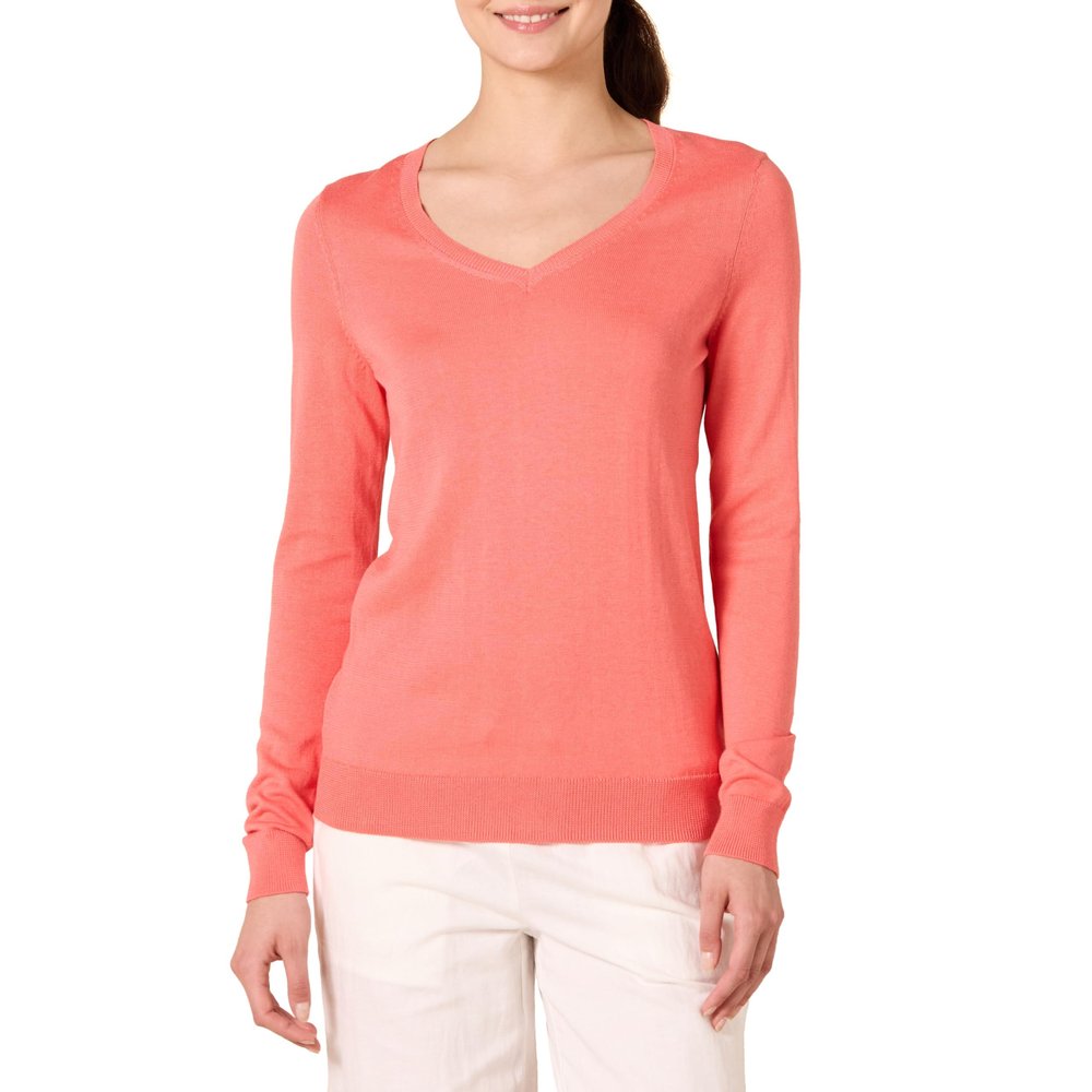 Amazon Essentials Women's Regular-Fit Lightweight Long-Sleeve V-Neck Sweater (Available in Plus Size), Coral Pink, Small