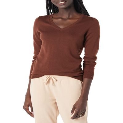 Amazon Essentials Women's Regular-Fit Lightweight Long-Sleeve V-Neck Sweater (Available in Plus Size), Toffee Brown, X-Small