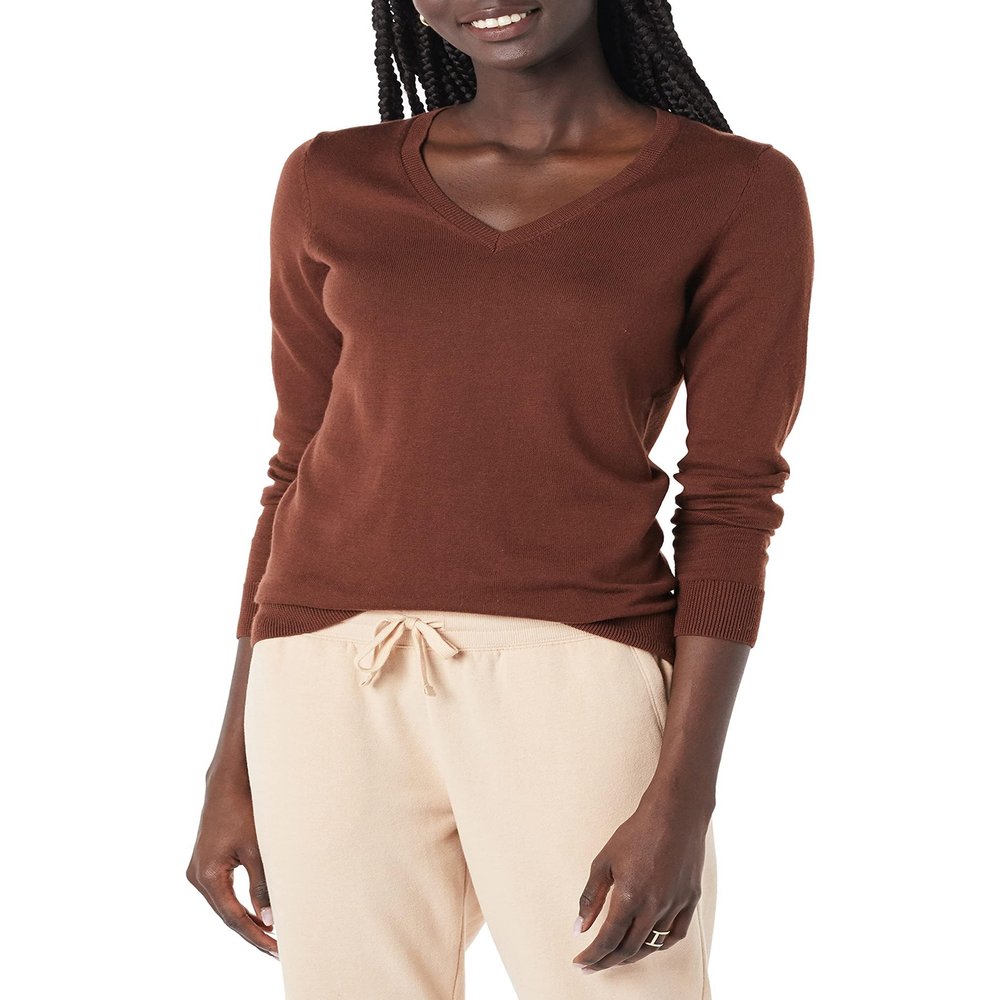 Amazon Essentials Women's Regular-Fit Lightweight Long-Sleeve V-Neck Sweater (Available in Plus Size), Toffee Brown, X-Small