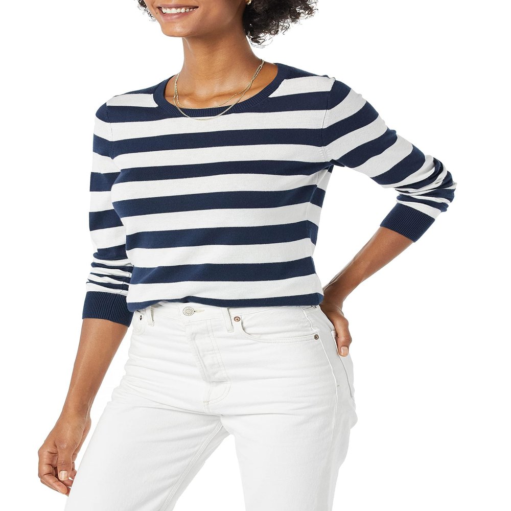 Amazon Essentials Women's Long-Sleeve Lightweight Crewneck Sweater (Available in Plus Size), Navy White Rugby Stripe, X-Small
