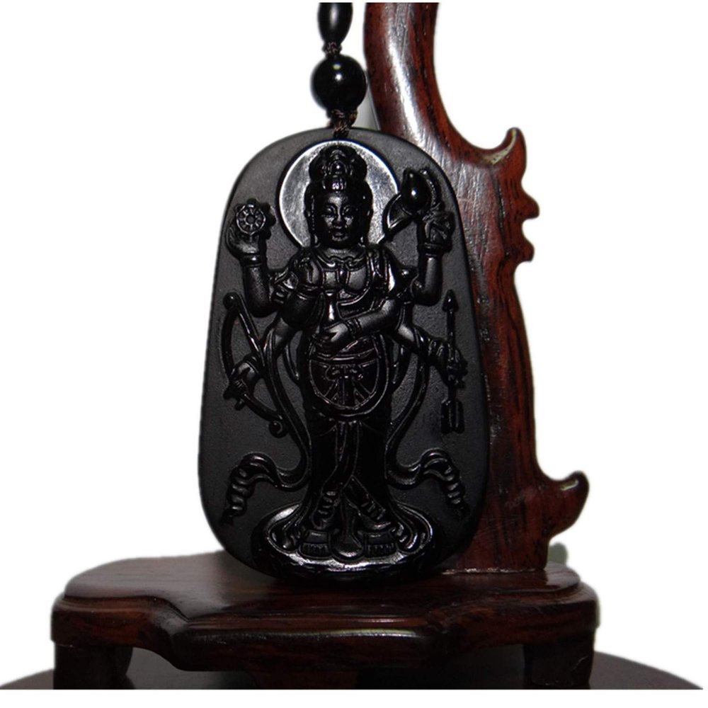 2.6" China Certified Nature Black Obsidian Jade Blessing ManjusriHand Made Necklace Pendant 8952