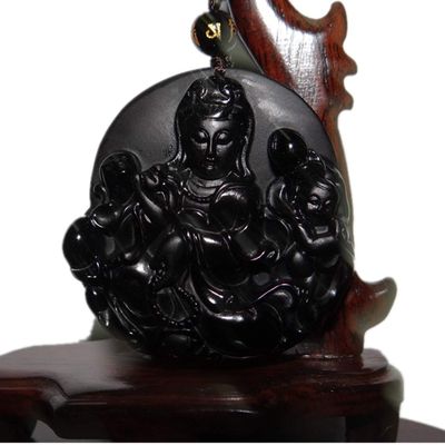 2.2" China Certified Nature Black Obsidian Jade Blessing Kwan-yin Hand Made Necklace Pendant 8955
