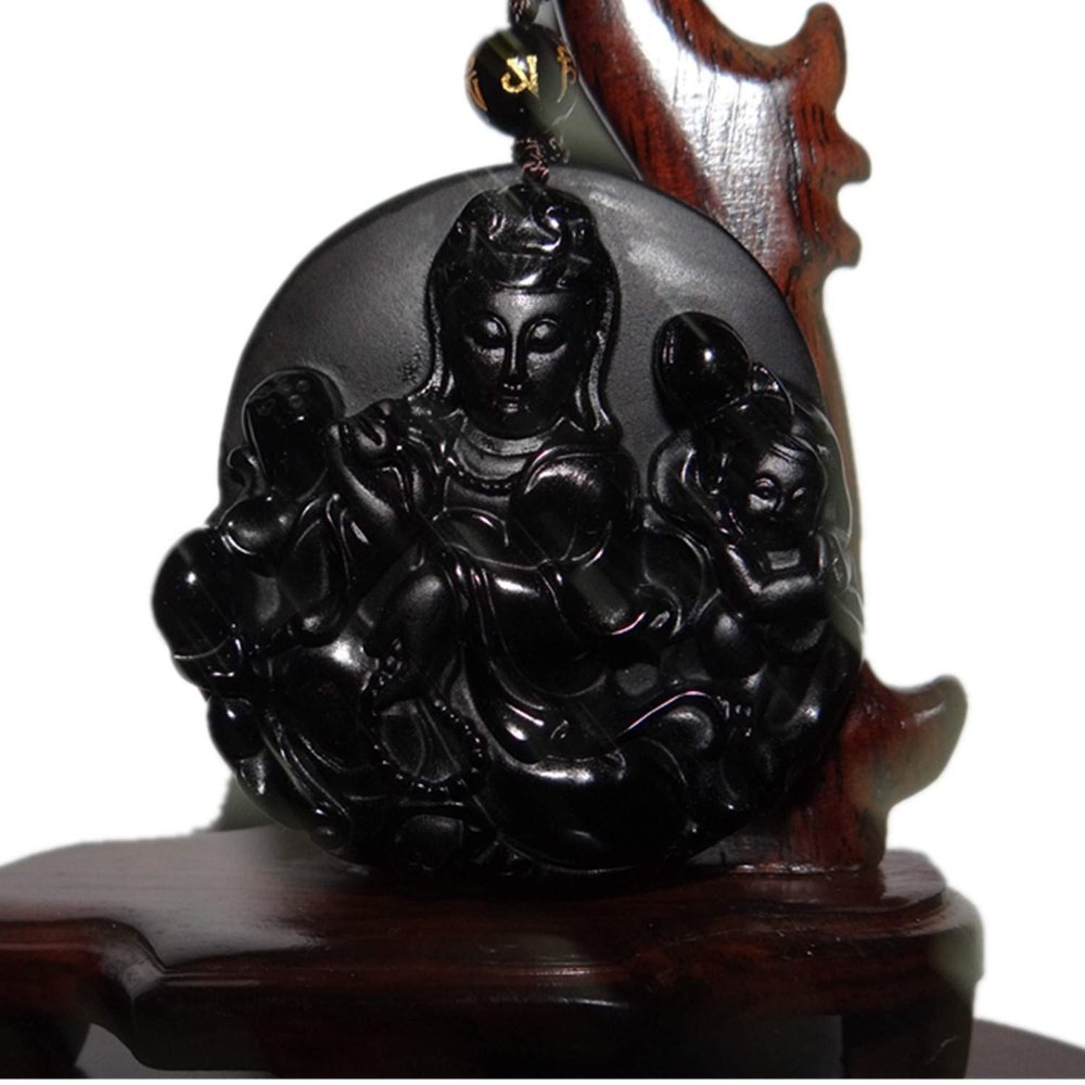 2.2" China Certified Nature Black Obsidian Jade Blessing Kwan-yin Hand Made Necklace Pendant 8955