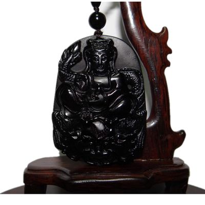 2.4" China Certified Nature Black Obsidian Jade Blessing Manjusri Hand Made Necklace Pendant 8948