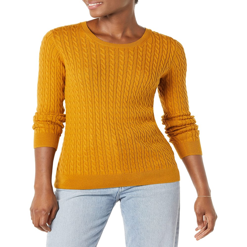 Amazon Essentials Women's Lightweight Long-Sleeve Cable Crewneck Sweater (Available in Plus Size), Tobacco Brown, X-Small