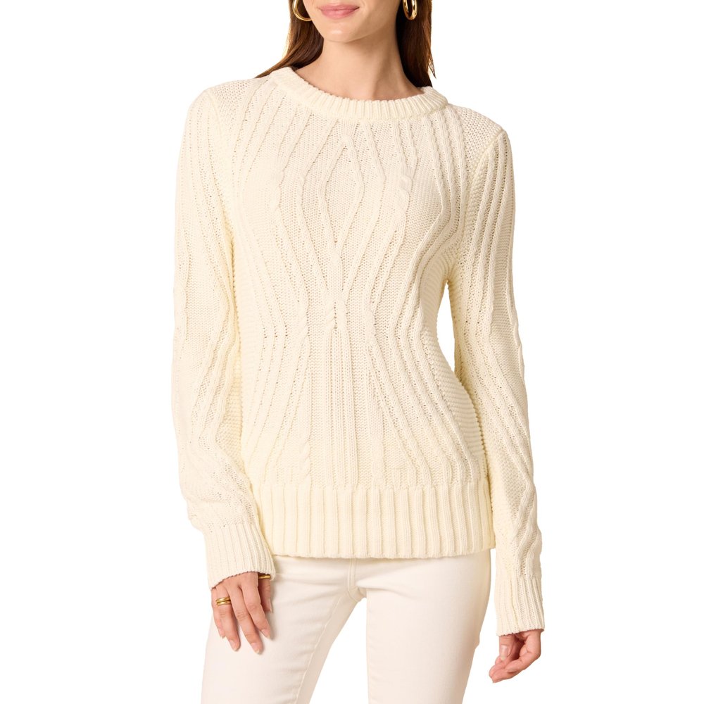 Amazon Essentials Women's 100% Cotton Crewneck Cable Sweater, Ivory, Medium