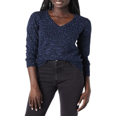 Amazon Essentials Women's Regular-Fit Lightweight Long-Sleeve V-Neck Sweater (Available in Plus Size), Black Navy Cheetah, Medium