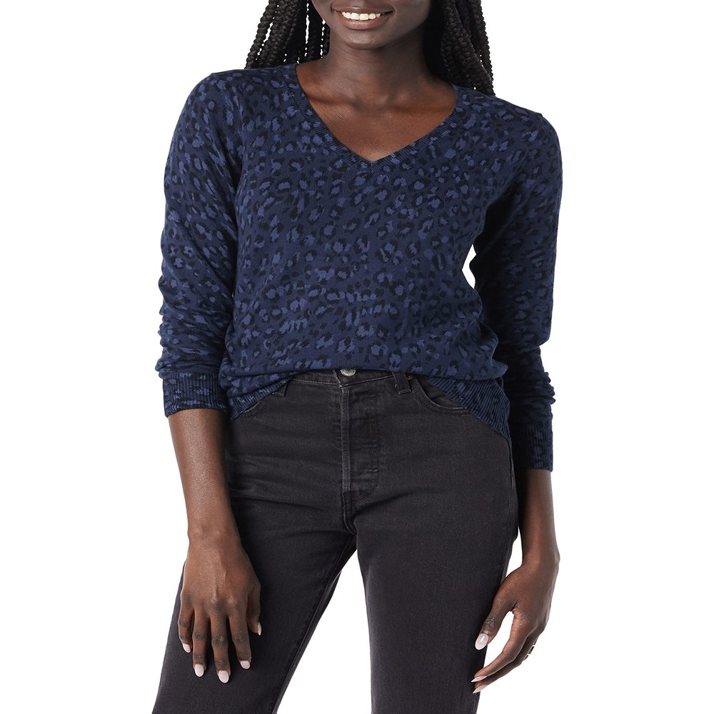 Amazon Essentials Women's Regular-Fit Lightweight Long-Sleeve V-Neck Sweater (Available in Plus Size), Black Navy Cheetah, Medium