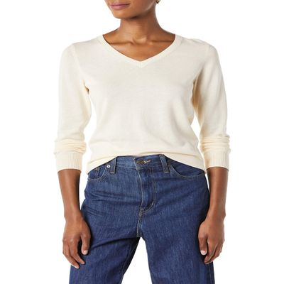 Amazon Essentials Women's Regular-Fit Lightweight Long-Sleeve V-Neck Sweater (Available in Plus Size), Pale Peach, X-Small