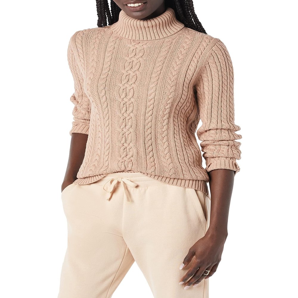 Amazon Essentials Women's Fisherman Cable Turtleneck Sweater (Available in Plus Size), Taupe Heather, Small