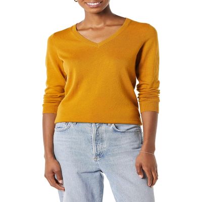 Amazon Essentials Women's Regular-Fit Lightweight Long-Sleeve V-Neck Sweater (Available in Plus Size), Dark Golden Yellow, Large