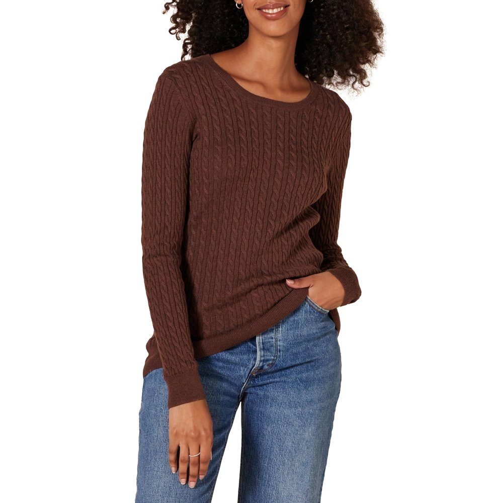 Amazon Essentials Women's Lightweight Long-Sleeve Cable Crewneck Sweater (Available in Plus Size), Dark Chestnut Brown Heather, XX-Large