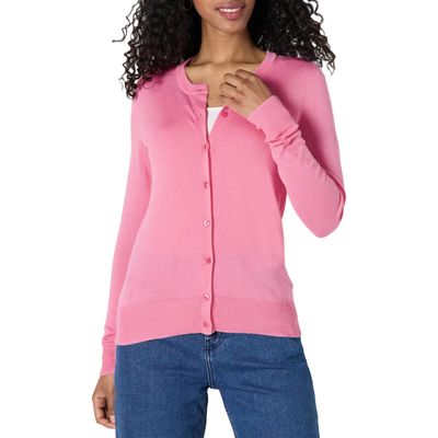 Amazon Essentials Women's Lightweight Crewneck Cardigan Sweater (Available in Plus Size), Pink, Small