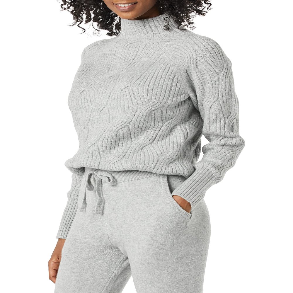 Amazon Essentials Women's Winter Long-Sleeve Sweater, Soft Touch Funnel Neck Cable Knit, Grey Heather, XX-Large