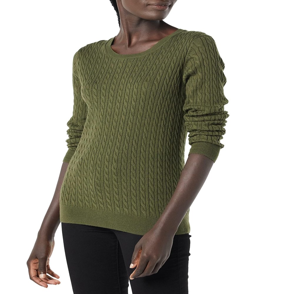 Amazon Essentials Women's Lightweight Long-Sleeve Cable Crewneck Sweater (Available in Plus Size), Dark Olive, XX-Large