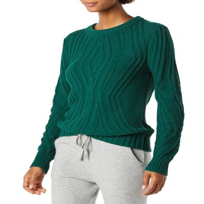 Amazon Essentials Women's 100% Cotton Crewneck Cable Sweater, Dark Green, XX-Large