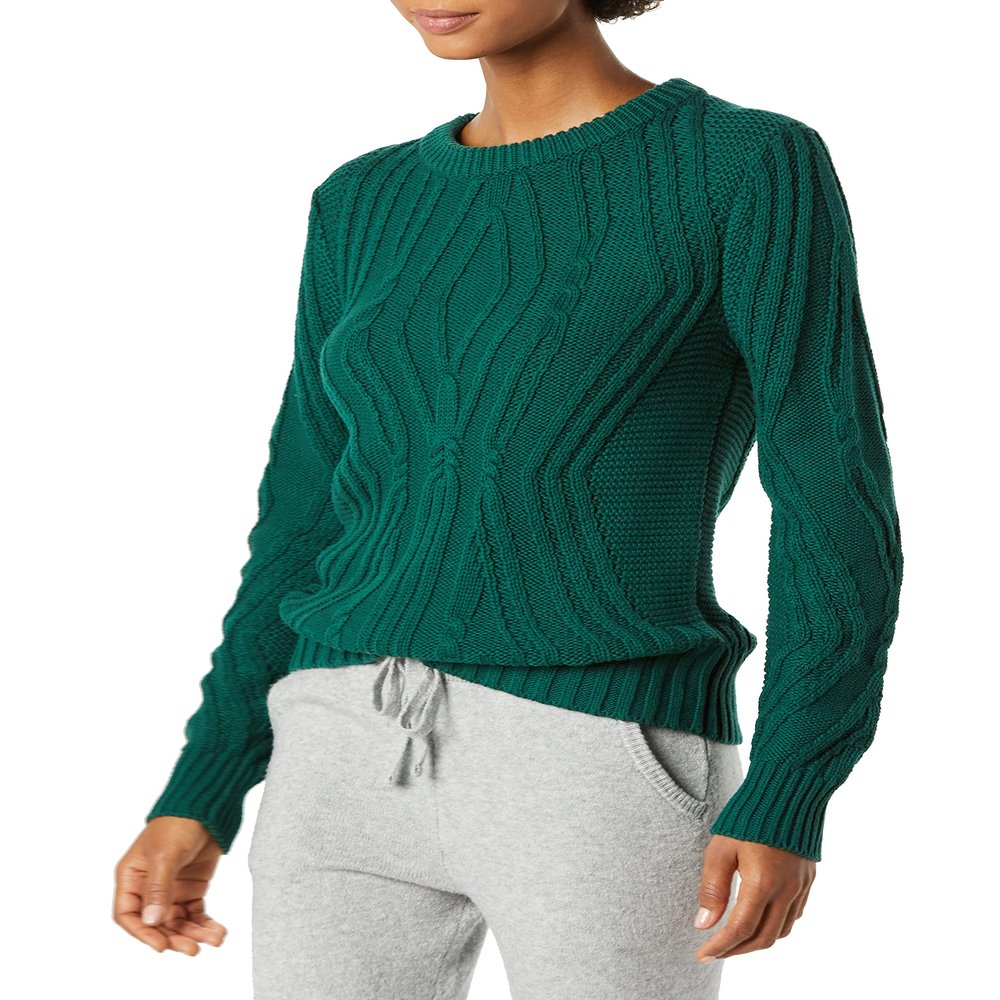 Amazon Essentials Women's 100% Cotton Crewneck Cable Sweater, Dark Green, XX-Large