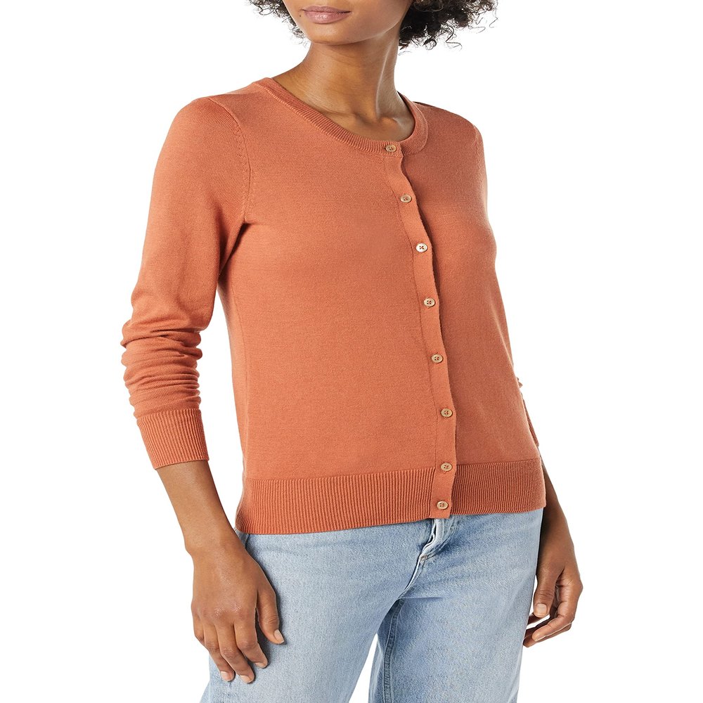 Amazon Essentials Women's Lightweight Crewneck Cardigan Sweater (Available in Plus Size), Caramel, XX-Large