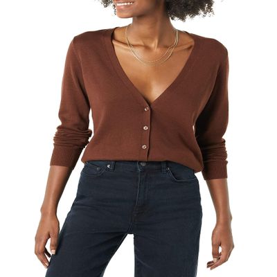 Amazon Essentials Women's Lightweight V-Neck Cardigan Sweater (Available in Plus Size), Brown, Large