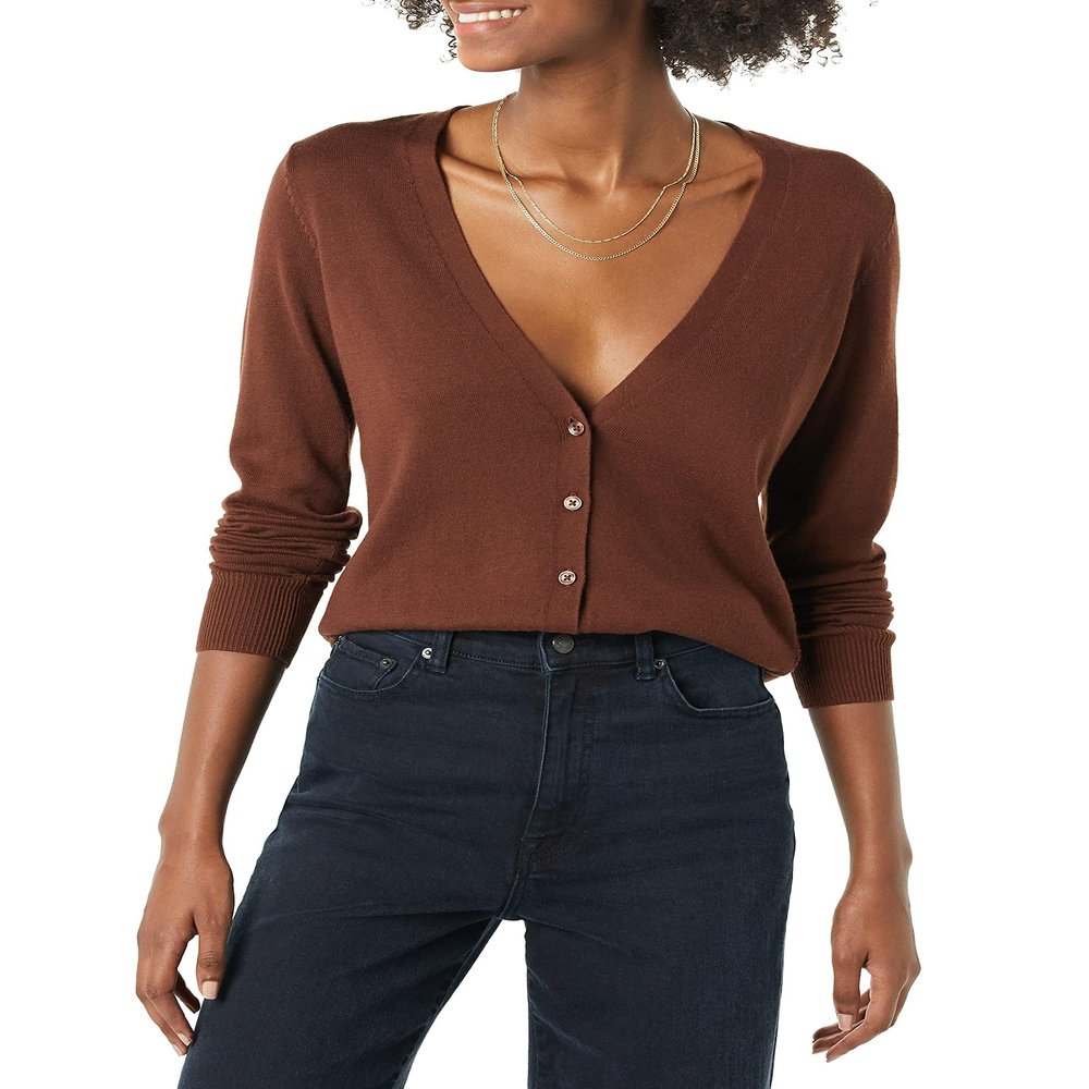 Amazon Essentials Women's Lightweight V-Neck Cardigan Sweater (Available in Plus Size), Brown, Large