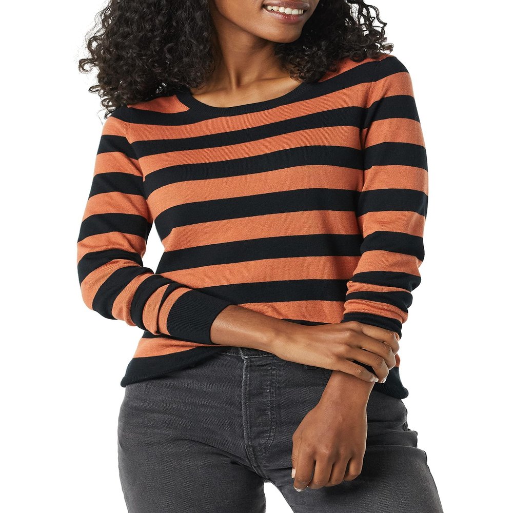 Amazon Essentials Women's Long-Sleeve Lightweight Crewneck Sweater (Available in Plus Size), Black Caramel Rugby Stripe, Large