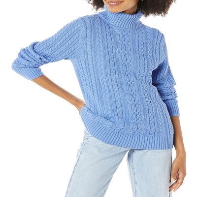Amazon Essentials Women's Fisherman Cable Turtleneck Sweater (Available in Plus Size), Blue, Small