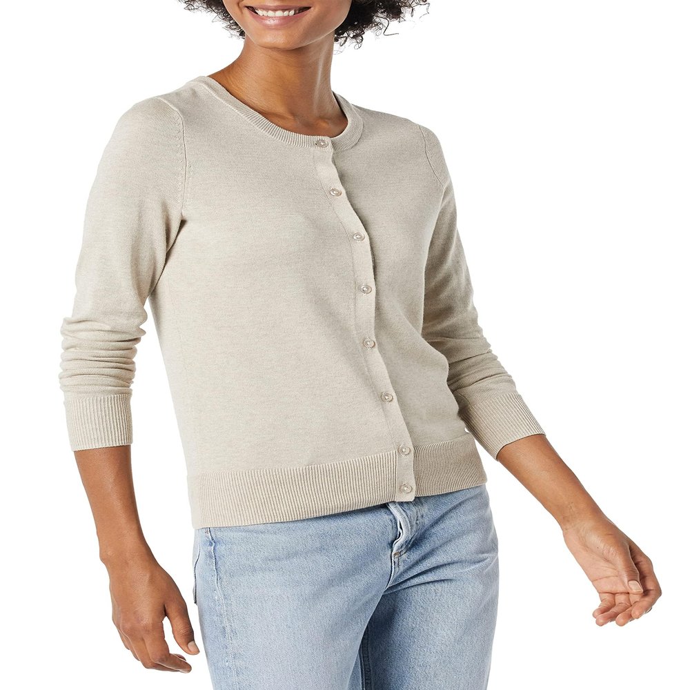Amazon Essentials Women's Lightweight Crewneck Cardigan Sweater (Available in Plus Size), Oatmeal Heather, Small