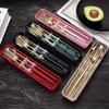 HonHeam 4 Pcs Portable Stainless Steel Tableware Set, Dishwasher Safe Reusable Flatware Cutlery Set, Include Fork Spoon Chopsticks with box (Golden pink) view 4