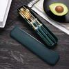 HonHeam 4 Pcs Portable Stainless Steel Tableware Set, Dishwasher Safe Reusable Flatware Cutlery Set, Include Fork Spoon Chopsticks with box (Golden green) view 1