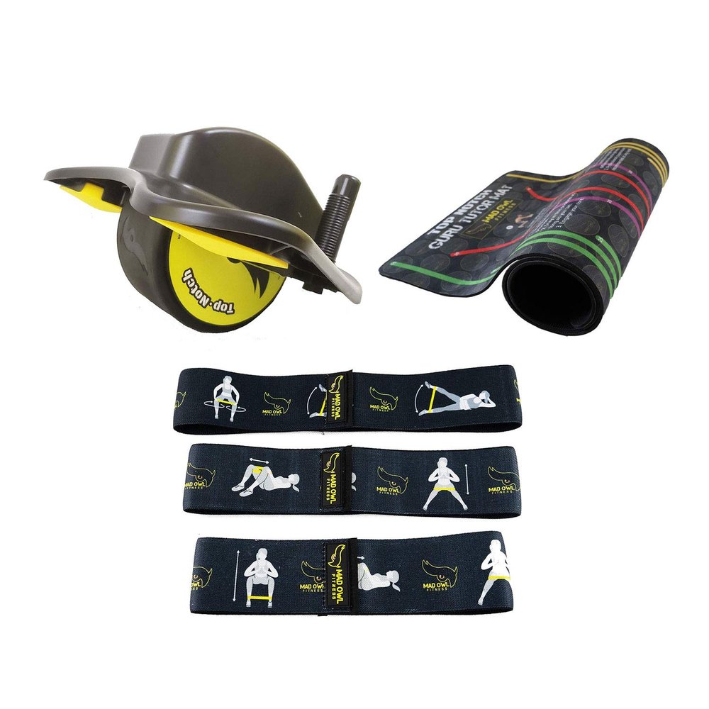 Mad Owl Fitness Gear, Guru AB Roller + Tutor Yoga Mat + With Booty Bands Strengthening & Non-Slip Lightweight and Portable Exercise Mat for Women/Men Home, Pilates, & Floor Exercises
