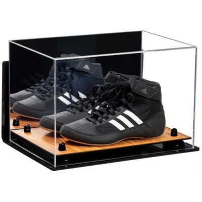Better Display Cases Acrylic Kids Shoes Display Case - Medium Rectangle Box with Mirror Case, Black Risers, Wall Mount and Wood Base 12" x 8.25" x 8" (A004, V41)