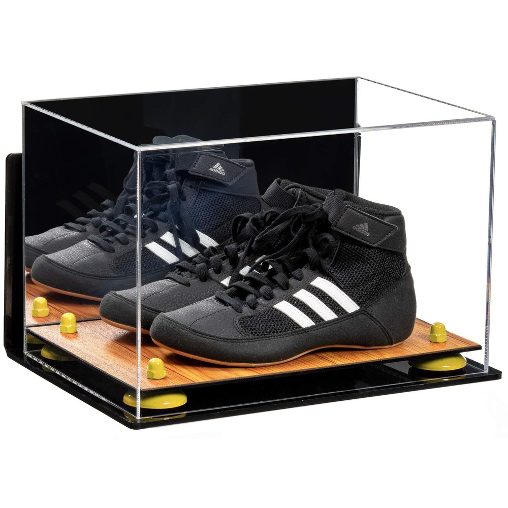 Better Display Cases Acrylic Kids Shoes Display Case - Medium Rectangle Box with Mirror Case, Yellow Risers, Wall Mount and Wood Base 12" x 8.25" x 8" (A004, V41)