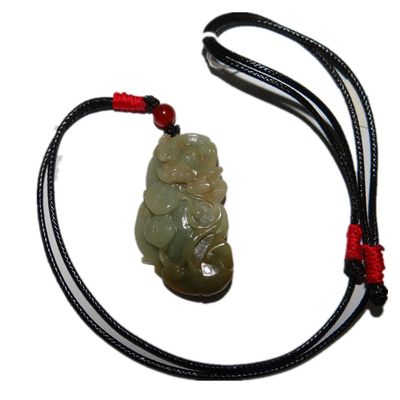 1.8" China Certified Grade A Nature Jadeite Jade Blessing Bat and Ruyi Hand Carved Necklace Pendant 8504