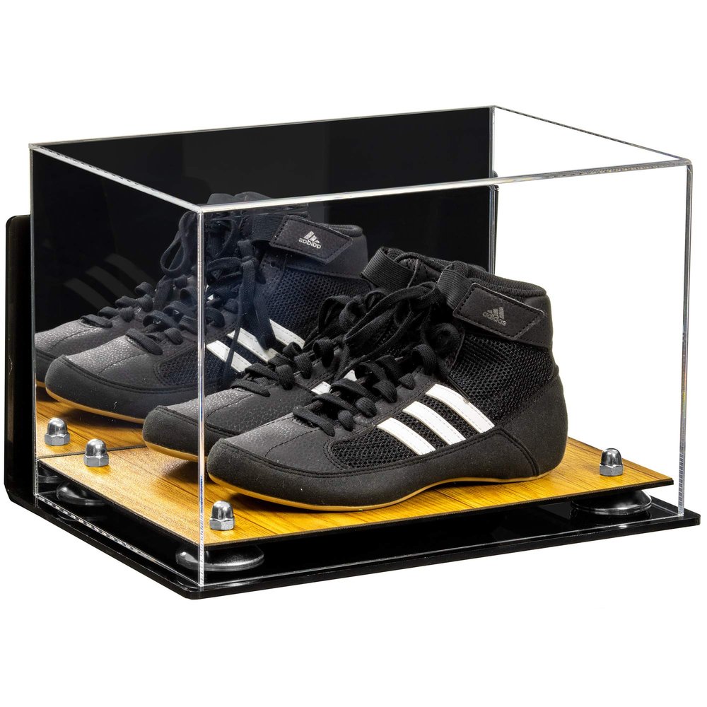 Better Display Cases Acrylic Kids Shoes Display Case - Medium Rectangle Box with Mirror Case, Silver Risers, Wall Mount and Wood Base 12" x 8.25" x 8" (A004, V41)