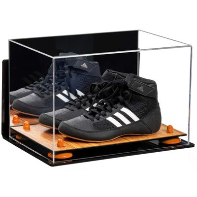 Better Display Cases Acrylic Kids Shoes Display Case - Medium Rectangle Box with Mirror Case, Orange Risers, Wall Mount and Wood Base 12" x 8.25" x 8" (A004, V41)