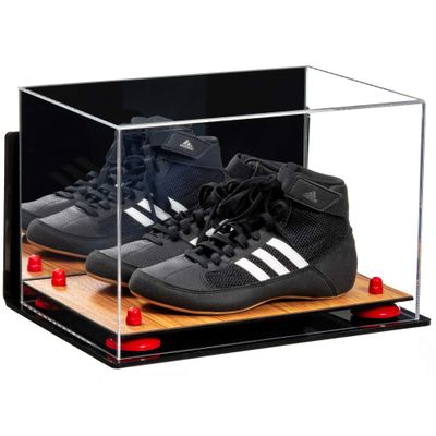 Better Display Cases Acrylic Kids Shoes Display Case - Medium Rectangle Box with Mirror Case, Red Risers, Wall Mount and Wood Base 12" x 8.25" x 8" (A004, V41)
