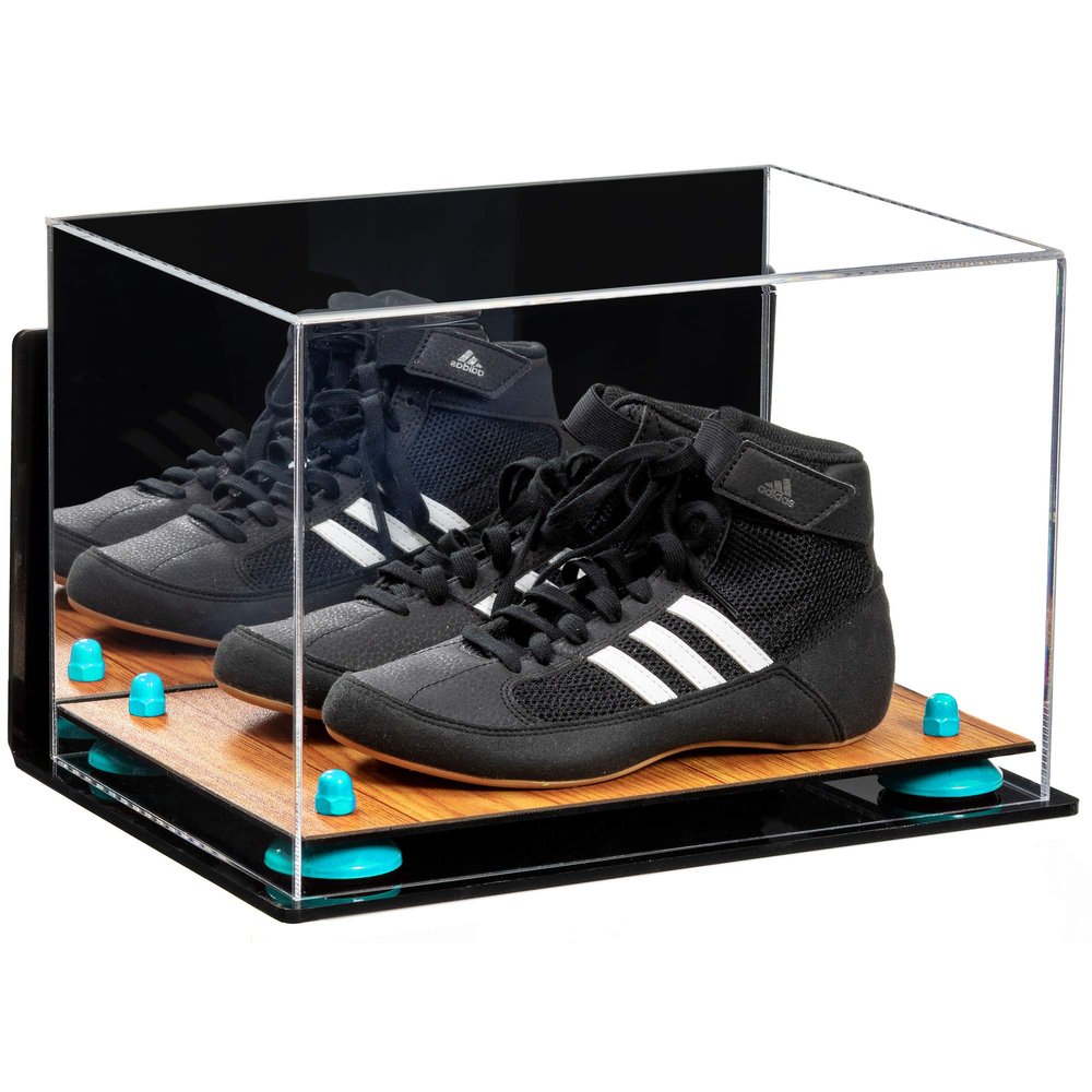 Better Display Cases Acrylic Kids Shoes Display Case - Medium Rectangle Box with Mirror Case, Blue Risers, Wall Mount and Wood Base 12" x 8.25" x 8" (A004, V41)
