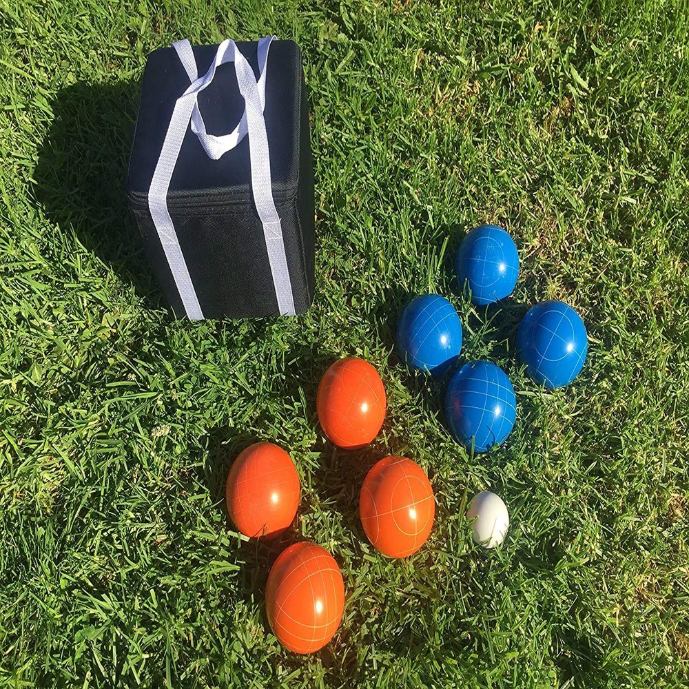 BuyBocceBalls Listing - (15 of 28) Unique Bocce Sets - 107mm with Orange and Blue Balls, Black Bag