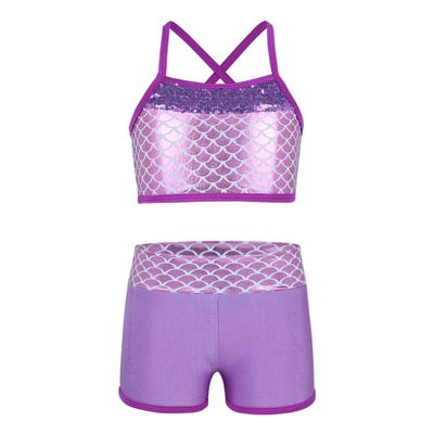 YOOJIA 2PCS Kids Girls Athletic Dance Outfits Shiny Sequins Ballet Dancewear Cami Training Bra Top with Gymnastic Shorts Lavender 9-10