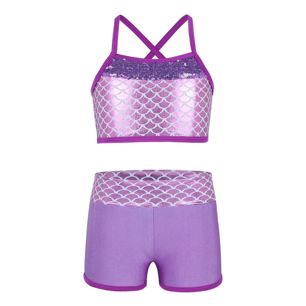 YOOJIA 2PCS Kids Girls Athletic Dance Outfits Shiny Sequins Ballet Dancewear Cami Training Bra Top with Gymnastic Shorts Lavender 9-10