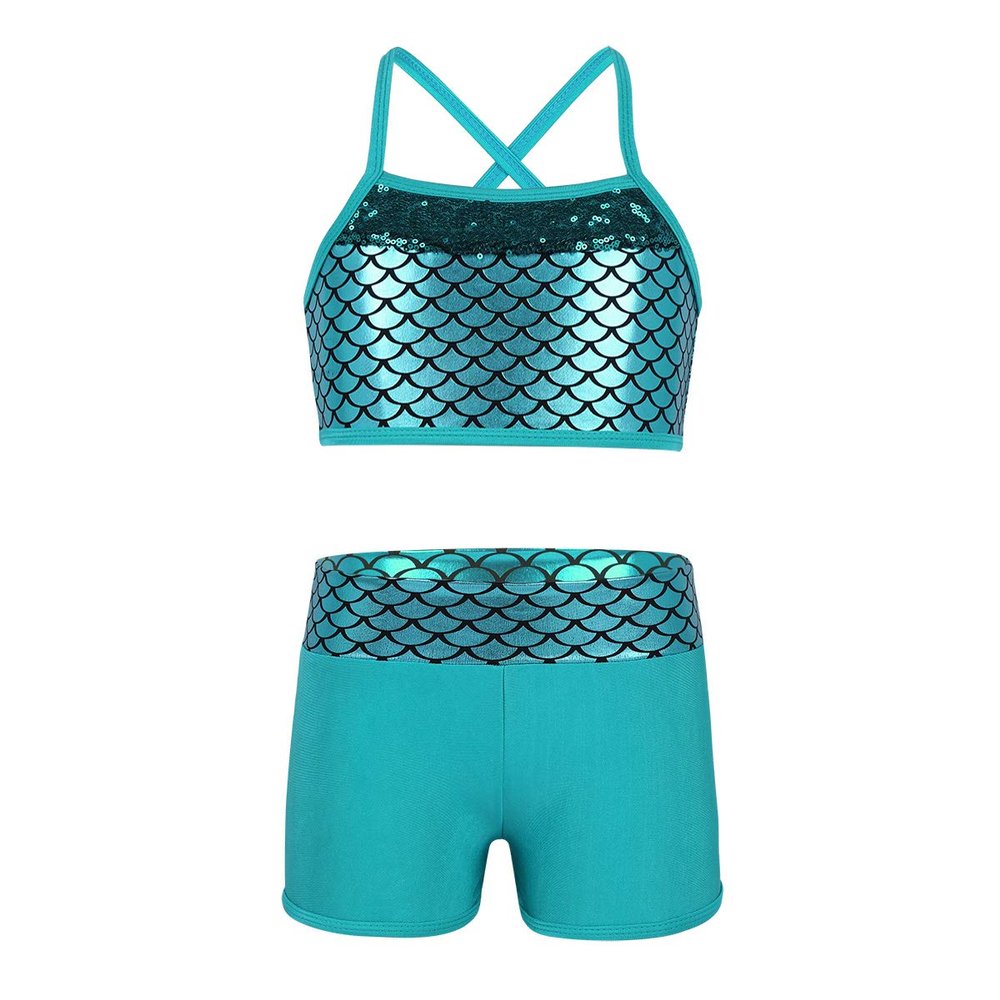 YOOJIA 2PCS Kids Girls Athletic Dance Outfits Shiny Sequins Ballet Dancewear Cami Training Bra Top with Gymnastic Shorts Lake Blue 9-10