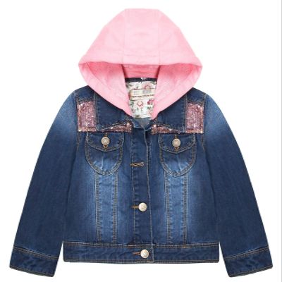 KIDSCOOL SPACE Little Girl Hooded Jean Jacket,Embroidery Denim Coat Outfit,Blue,3-4 Years