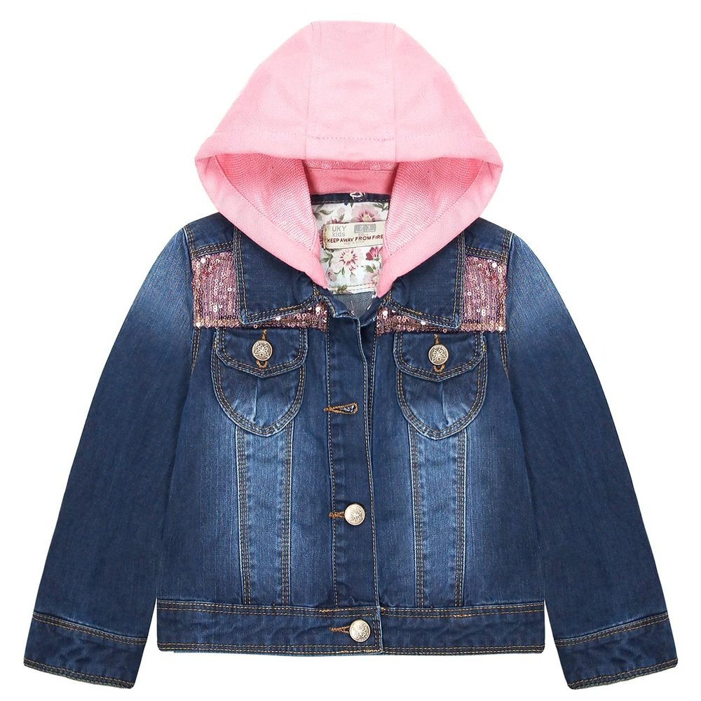 KIDSCOOL SPACE Little Girl Hooded Jean Jacket,Embroidery Denim Coat Outfit,Blue,3-4 Years