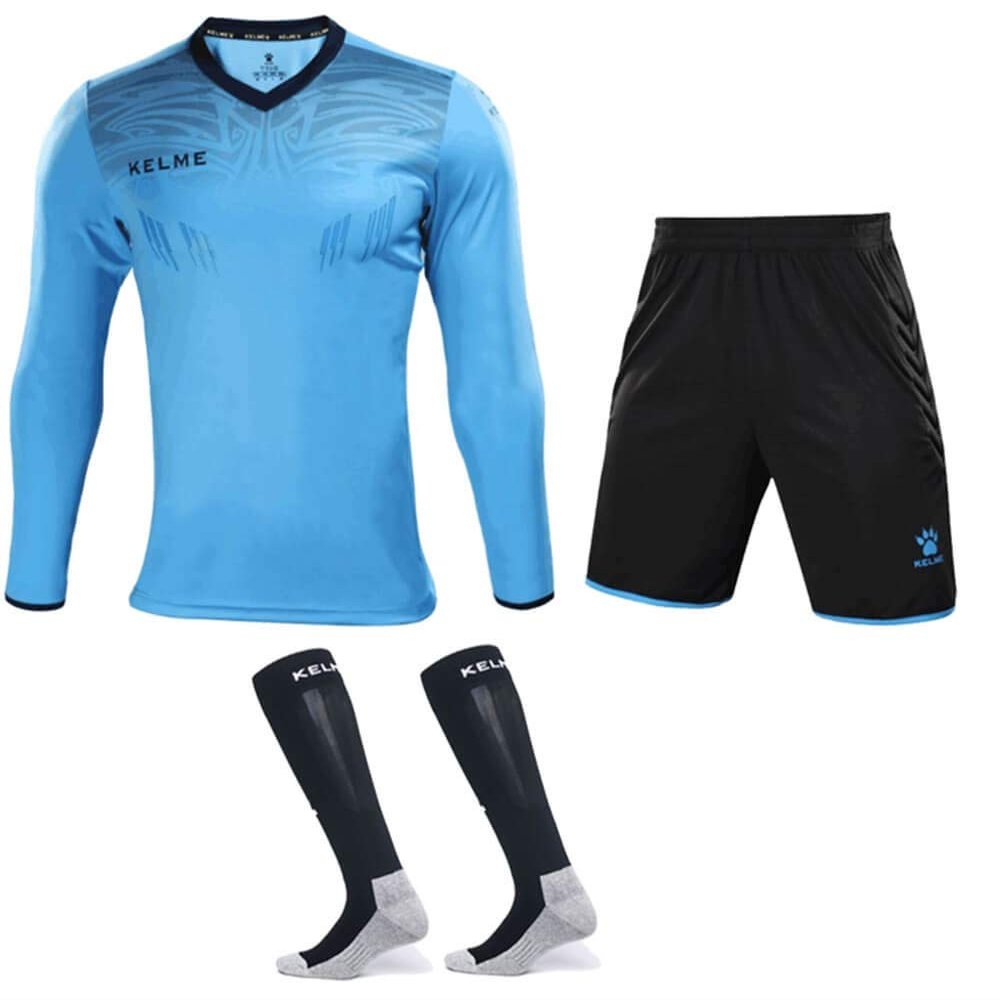KELME Soccer Goalkeeper Jersey Uniform Kit - Mens Padded Football Goalie Jersey - Padded Shirt, Shorts and Socks Kids and Adult Sizes (Kids 14, Blue)