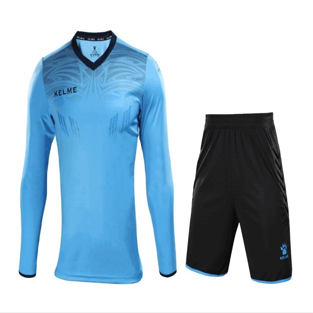 KELME Soccer Goalkeeper Jersey Uniform Kit - Mens Padded Football Goalie Jersey - Padded Shirt, Shorts and Socks Kids and Adult Sizes (Kids 12, Blue (No Socks))