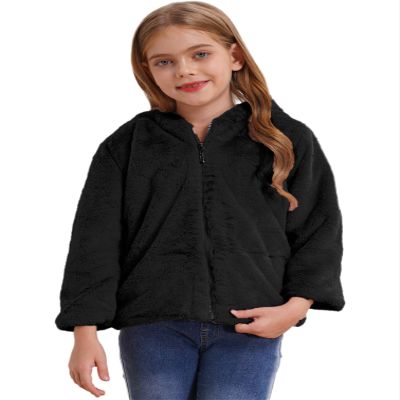 Agoky Big Girls Thicken Faux Fur Warm Coat Winter Outerwear Long Sleeve Outfit Fleece Ear Hooded Jacket Black 12 Years