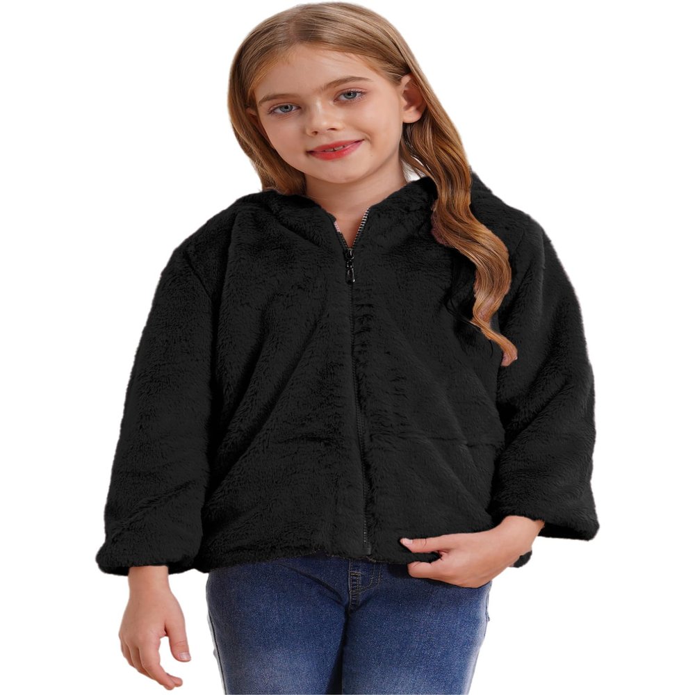 Agoky Big Girls Thicken Faux Fur Warm Coat Winter Outerwear Long Sleeve Outfit Fleece Ear Hooded Jacket Black 12 Years